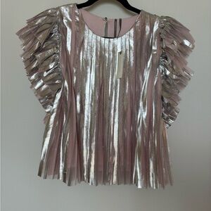 Anthropologie Soft Pink Metallic Multi Pleated/Ruffle Sleeve Top